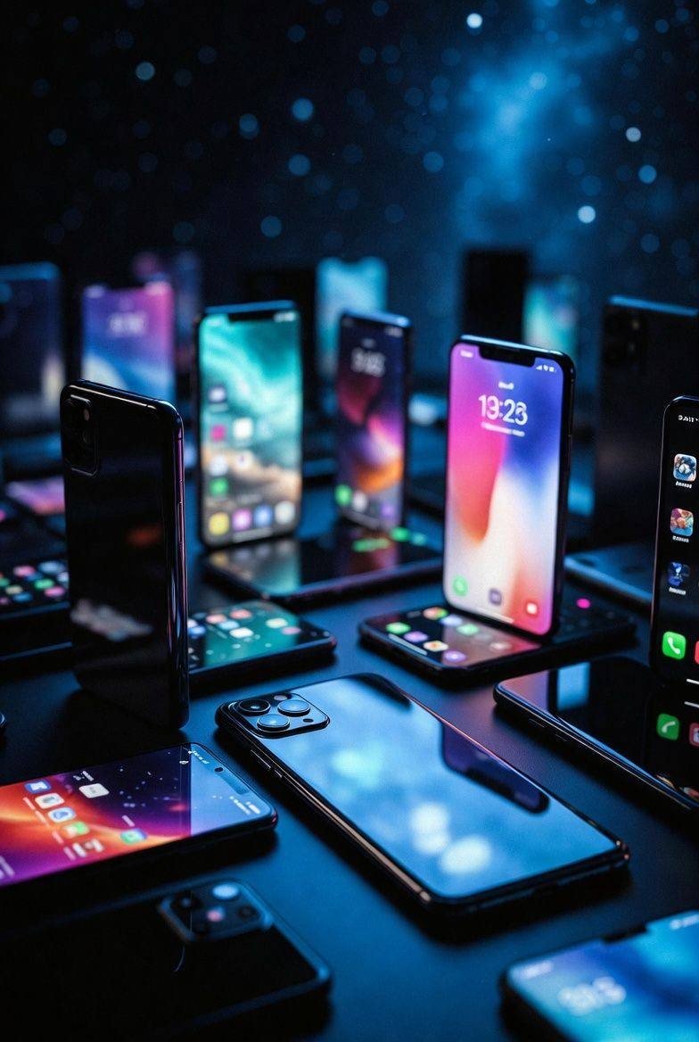 Varios teléfonos celulares con pantallas encendidas sobre una superficie oscura